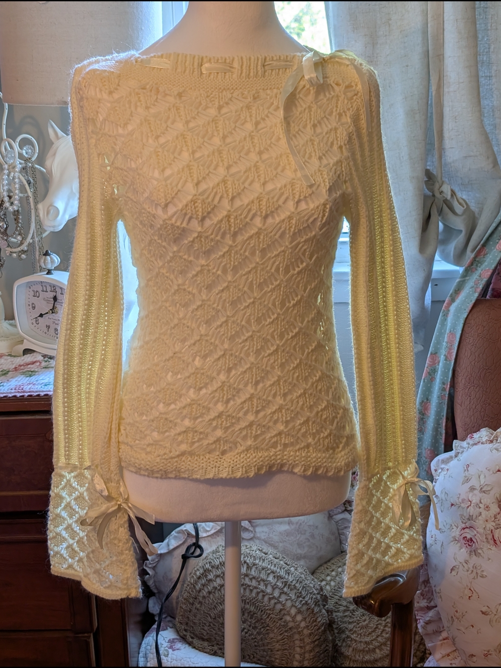 Women's Cream Knit Bow-Accent Sweater
